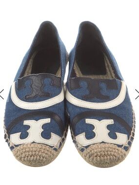 Tory Burch Navy Blue Canvas Espadrille Flats with Cream Logo